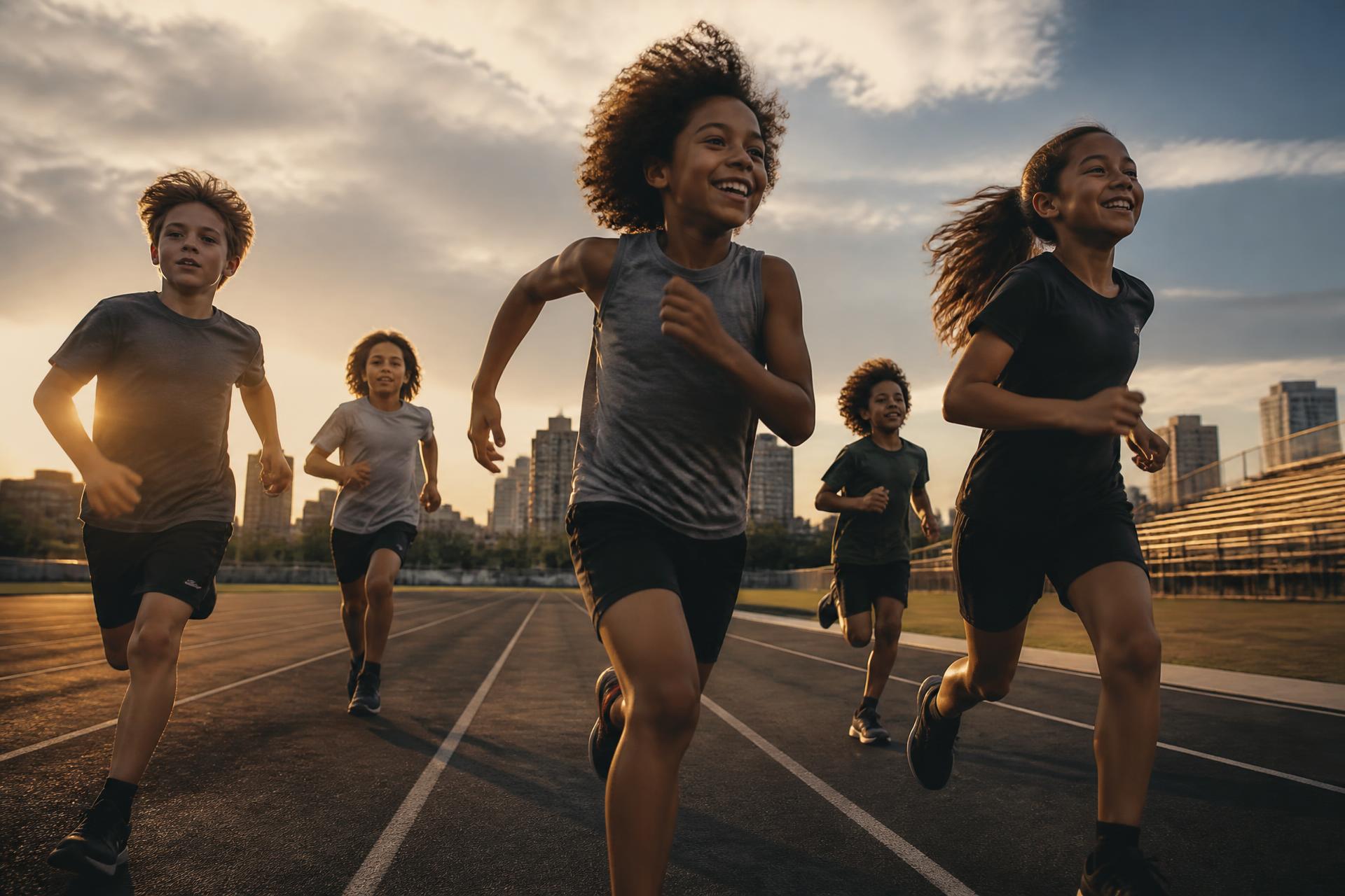Young people running together on an athletics track
